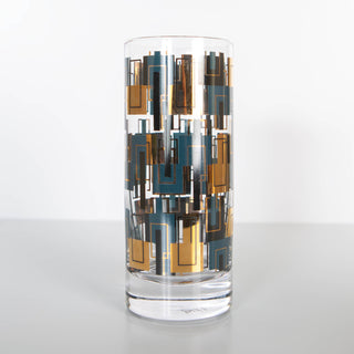 Blue and Gold Mid Century Highball Vintage Cocktail Glass