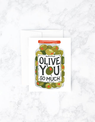 Olive You Card - Holt x Palm -  We just love a punny Valentine with a cute illustration- send this one to your favorite. €¢ Heavy, matte eggshell stock €¢ Blank Inside €¢ 4 3/4" x 5 1/2" €¢ Paired with matching envelope