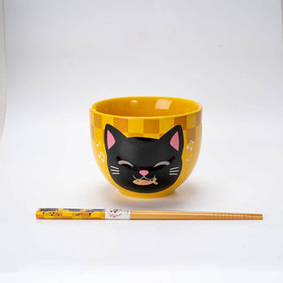 Yellow Cat Bowl with Chopsticks