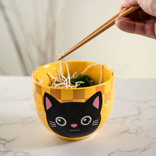 Yellow Cat Bowl with Chopsticks