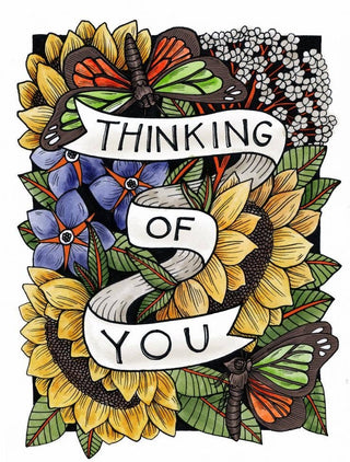 Thinking Of You Card - Holt x Palm -  €¢ Greeting Card Illustrated by Cayla Mattea Zeek €¢ Created in Lafayette, Louisiana USA €¢ A2 Card Measures 4.25" x 5.5" Folded €¢ Blank Inside €¢ Printed on Post Consumer Waste Recycled Heavy Card-Stock Paper €¢ Recycled Kraft Brown Envelope €¢ Eco Clear Plant-Based PLA (Polylactic Acid) Sleeve, Commercially Compostable