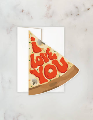 Pizza Love Greeting Card - Holt x Palm -  What's NOT to love? This die cut greeting card in a perfect pizza shape sends XOs with truly unique flair...everyone knows SOMEONE who would love this card. €¢ Heavy, matte eggshell stock €¢ Gold foil detail €¢ Blank Inside €¢ 4 3/4" x 5 1/2" €¢ Paired with matching envelope