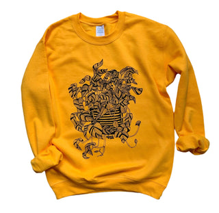 Houseplant Sweatshirt - Unisex - Holt x Palm -  I drew this pothos plant that lives in my studio, because I am proud that it is not dead. Perhaps it reminds you of a plant you have not killed? Gold sweatshirt with black ink. 8.0 Oz., 50% Cotton, 50% polyester pre-shrunk fleece knit, air jet yard = softer feel and reduced pilling see last photo for sizing.