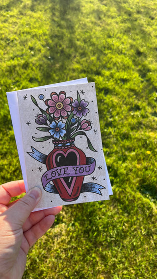 Love You Greeting Card - Traditional Tattoo Style