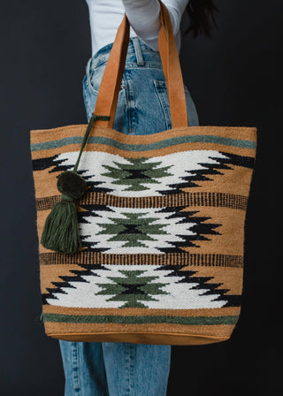 Brown, Black & Green Aztec Tote - Holt x Palm -  Get ready to slay with style with our Brown, Black & Green Aztec Tote! This awesome tote brings rustic vibes while being perfect for just about anything. Don't miss the chance to add this quirky and versatile piece to your collection!