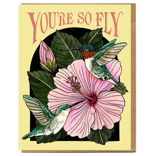 You're So Fly Card - Holt x Palm -  €¢ Greeting Card Illustrated by Cayla Mattea Zeek €¢ Created in Lafayette, Louisiana USA €¢ A2 Card Measures 4.25" x 5.5" Folded €¢ Blank Inside €¢ Printed on Post Consumer Waste Recycled Heavy Card-Stock Paper €¢ Recycled Kraft Brown Envelope €¢ Eco Clear Plant-Based PLA (Polylactic Acid) Sleeve, Commercially Compostable