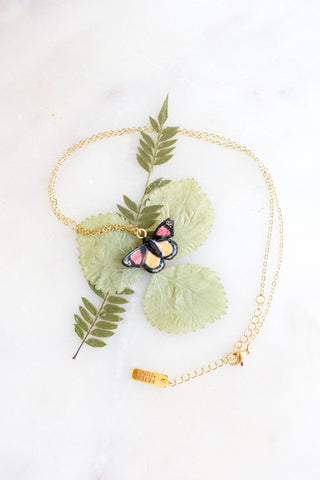 Hand Painted Porcelain Butterfly Pendant Necklace - 18k Gold Plated
