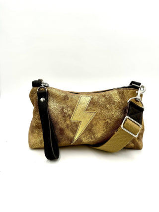 Venti Double Gold Suede Bolt Crossbody Bag w/ removable strap