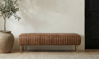 Rustic Modern Cowhide Leather Channeled Bench