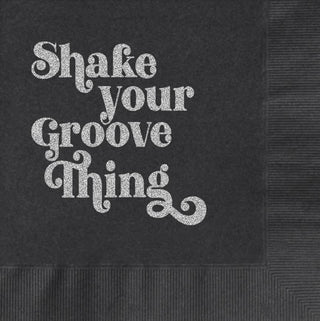 Shake Your Groove Thing Silver Glitter Foil Cocktail Napkin - Holt x Palm -  Get ready to shake things up with our Shake Your Groove Thing Silver Glitter Foil Cocktail Beverage Napkin! Set of 20 boxed napkins makes it perfect for gift giving or convenient storage. Add a touch of shimmer and style to any 70's disco theme party or event. Let your guests groove and enjoy their drinks in style with these sparkling, high-quality napkins. Made in the USA Set of 20 Boxed Napkins Approx 5x5 inches