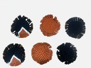 Circular Macrame Coasters - 3 Colors Available! - Holt x Palm -  These handwoven circular macrame coasters are perfect for adding a touch of whimsy to any tabletop! With a charming fringe accent, they'll bring a little boho style to your décor in three fabulous colors €“ you'll never have to compromise on your cozy vibes! Colors Available: Black/White/Paprika Paprika Black