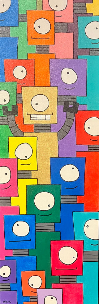 23 Robots - Original Artwork by Andrew Ruano - Holt x Palm -  Introducing 23 Robots - an original artwork by Andrew Ruano. Measuring 12x36 and created with vibrant acrylic, this piece showcases delightful robot art. Delight in its playful and cheerful design while proudly supporting local artists. Elevate your space with this one-of-a-kind creation.