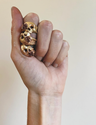 Hand Carved Brass Floral Skull Ring