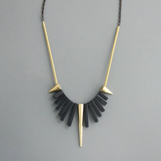 Handcrafted Geometric Black Agate and Brass Spike Necklace
