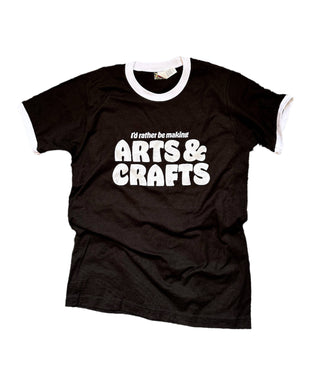I'd Rather be Making Arts and Crafts- Unisex Ringer Tee - Holt x Palm -  I'd Rather Be making Arts and Crafts, wouldn't you?! Printed in white ink on black ringer tee with white trim. 4.5 oz., 100% ring-spun USA cotton Pre-washed to minimize shrinkage Contrast ribbed binding on neckline and sleevesUnisex sizing, se last photo for measurements