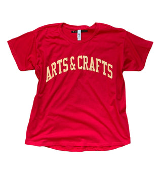 Arts & Crafts -Ladies Tee - Holt x Palm -  I don't know what's going on with the local sports team, but if you want to chat about hot glue guns or paint opacity, I'm your gal. Finally, a shirt that reps my team, the arts & crafts squad! Soft and slouchy. Oversized fit, size down if you want a more fitted look. Red shirt/cream text. Fabric: lightweight cotton poly jersey 60% combed ring-spun cotton 40% polyester 4.0 Oz neck: crew drop tail with curved front and back hem. Generous cut for a loose fit.