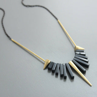 Handcrafted Geometric Black Agate and Brass Spike Necklace