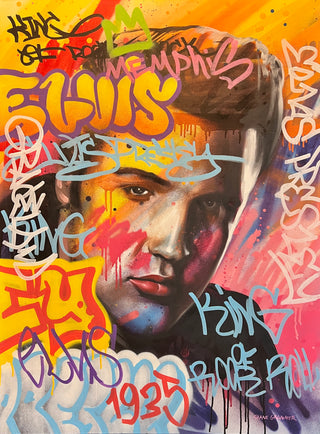 The King's Melody by Shane Grammer - Holt x Palm -  Get ready to rock and roll with The King's Melody by Shane Grammer. This one-of-a-kind art piece is inspired by Elvis himself and measures 24" x 36". With awesome art and a playful, quirky tone, it's sure to bring some fun to your space. Local pickup only!