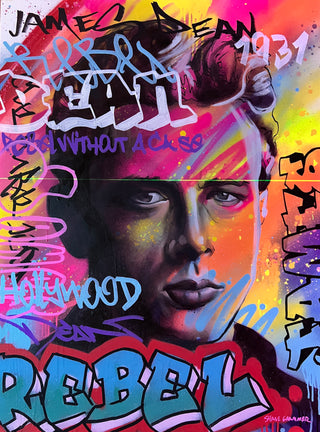 Revel Reverie by Shane Grammer - Holt x Palm -  "Unleash your rebel spirit with Revel Reverie by Shane Grammer, a one of a kind masterpiece inspired by James Dean. This 24" x 36" street art is only available for local pickup. Channel your inner outlaw with this unique piece!"
