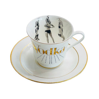 Vodka Tea Cups - Holt x Palm -  "Spice up your tea time with these Vodka Tea Cups! Perfect for any girl who loves a little girl power, these cups feature elegant gold accents and even come with a saucer. Because who says tea time can't be a little fun and quirky? Cheers to that! (Pun intended)" Dishwasher safe Cup Measures 6" Cup 3.5" w 3.10 h