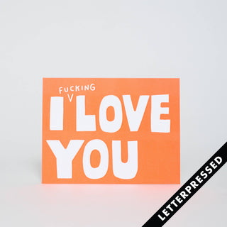 I F*cking Love You Greeting Card - Holt x Palm -  Send a playful and affectionate message with I F*cking Love You Greeting Card! This letterpressed card boldly declares your love while also adding a touch of humor with its iconic choice of words. Say "I love you" in a unique and memorable way. Letterpress printed by Bruce in Portland, Oregon Comes with a fluorescent pink envelope Dimensions: A2 (4.25 x 5.5 inches)