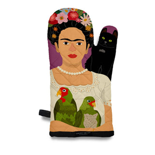 Frida Kahlo with her Parrots and Black Cat Oven Mitt - Holt x Palm -  Don't just keep your fingers safe in the kitchen, show off your favorite Mexican artist with this Frida Kahlo oven mitt! The colorful mitt features Frida with her parrots and a black cat, spicing up your cooking scene with art and culture! And don't worry, they got your back when it comes to safety too. Details: 100% cotton Cotton fiber insulation Handmade Size: 12" x 7"