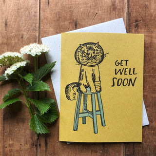 Get Well Soon Cat Card - Holt x Palm -  A handprinted letterpress card, size a2, with Kraft colored envelope. Blank inside. Comes in plastic sleeve unless requested otherwise
