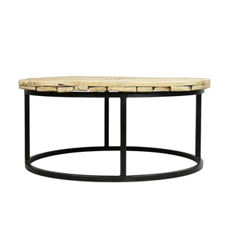 Cable Reel Coffee Table - Holt x Palm -  FUN FACT: Utility companies still use oversized wood cable spools to store and transport the cable infrastructure they use. These large wooden spools are a popular DIY find for clocks and tables. Our Cable Reel Coffee Table goes beyond the home project and places bleach finished, cable-reel wood caps atop a round iron base. This 55-inch round Cable Reel Coffee Table for a ruggedly modern centerpiece.