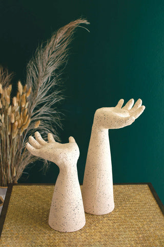 Clay Arms with Open Palms - It's Like They are Saying "Hey!" - Holt x Palm -  Open faced, as if they are asking to hold something, these left and right decorative hands are a great "catch-all" for car keys or rings. They look and feel luxurious and spice up the table you place them on. Dimensions: 7" x 6.5" x 14.5"t Materials: Clay