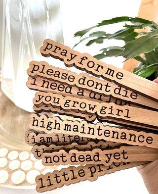 Punny Plant Stakes! - Holt x Palm -  You know your plant is missing something, so why not add a little punny touch? Our Punny Plant Stakes are the perfect way to show your quirky side to your plant! Crafted from cherry wood and engraved with a witty message, these stakes will bring plenty of humor to your house plant!